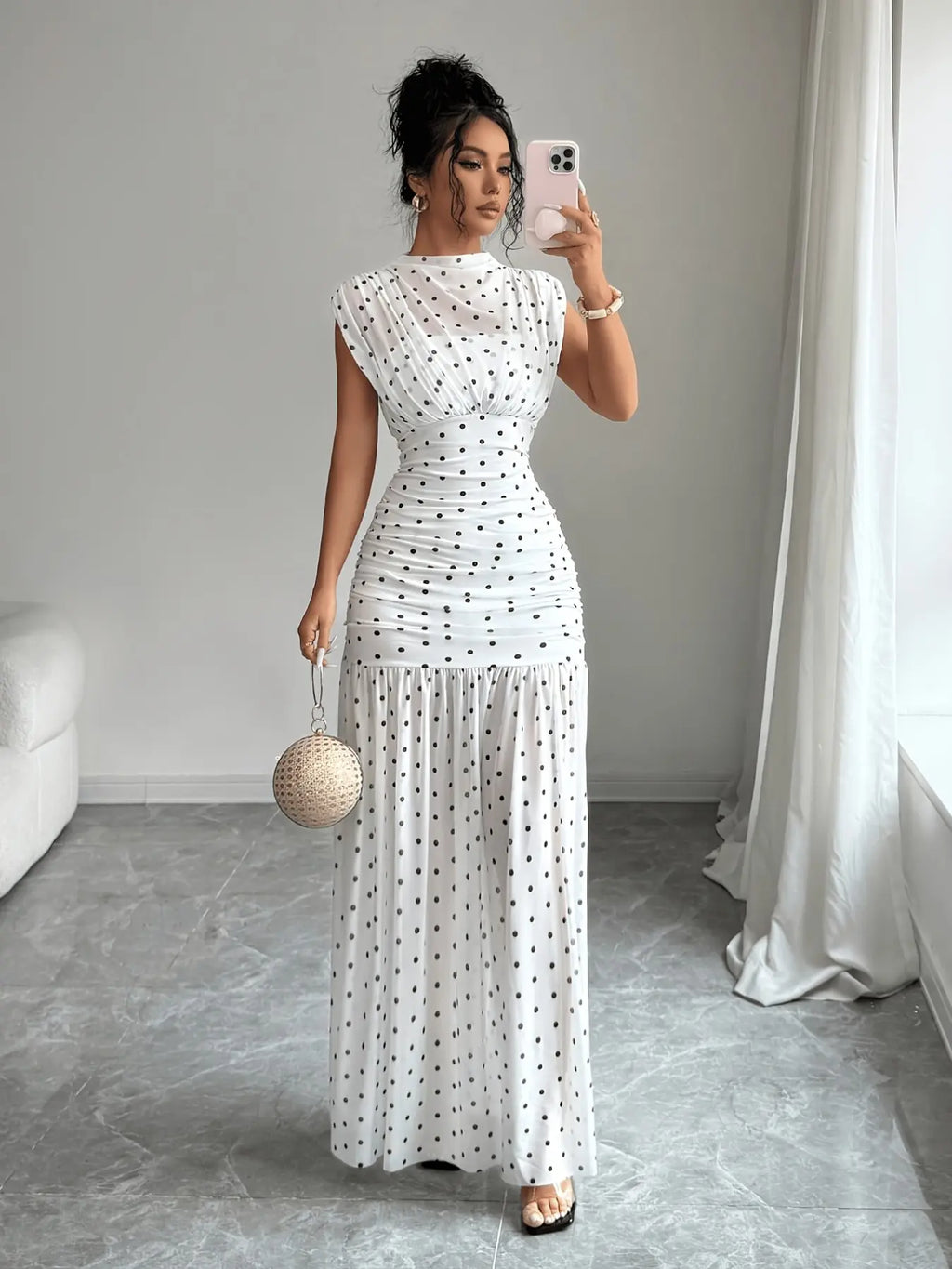 Women's Dress, Summer High-Neck Dot Casual Dress, Elegant Slim-Fit Party Dress, for Daily Wear and Evening Parties, Womenswear