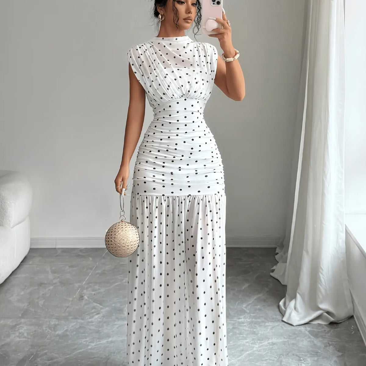 Women's Dress, Summer High-Neck Dot Casual Dress, Elegant Slim-Fit Party Dress, for Daily Wear and Evening Parties, Womenswear