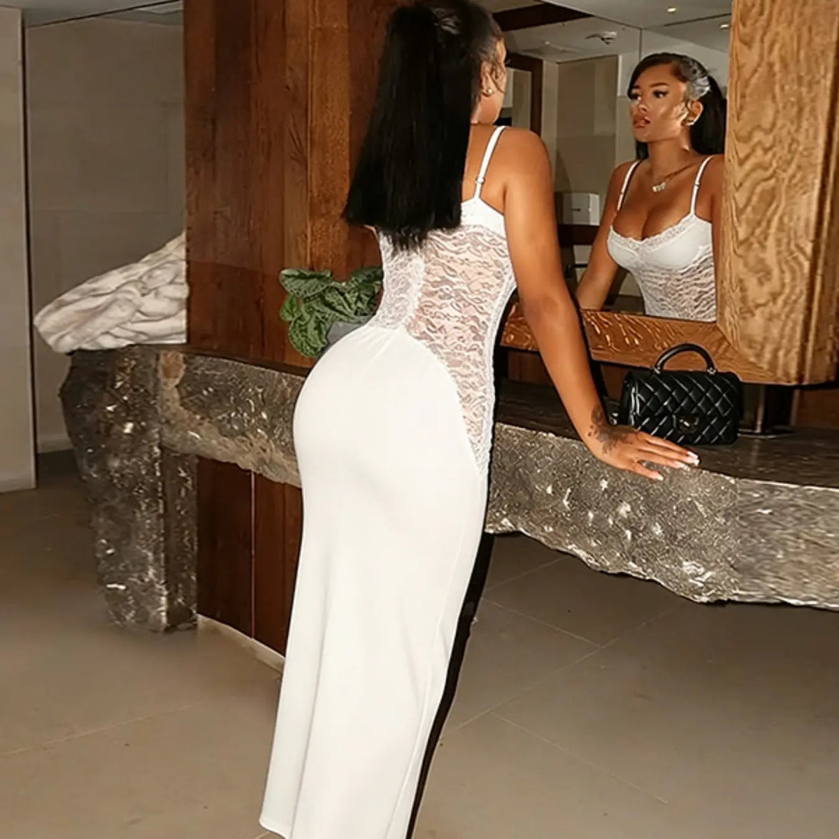 Women's Solid Color Lace Spaghetti Strap Bodycon Dress, Sexy Fitted Fashion Dress for Party, Club and Dating Wear, Summer Clothing