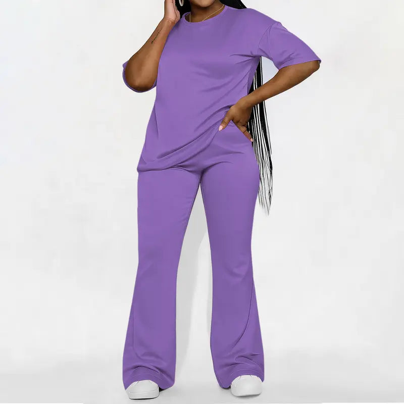 Women's Solid Drop Shoulder 2-Piece Set - Half Sleeve Crewneck (Round Neck) Fitted Minimalist Tee & Pants, Casual Cozy Womenswear for Daily Outdoor Fall Wear, Casual Women's Set Suits Basic Shortsleeve Clothes, Matching Sets, Stylish Women's Wear