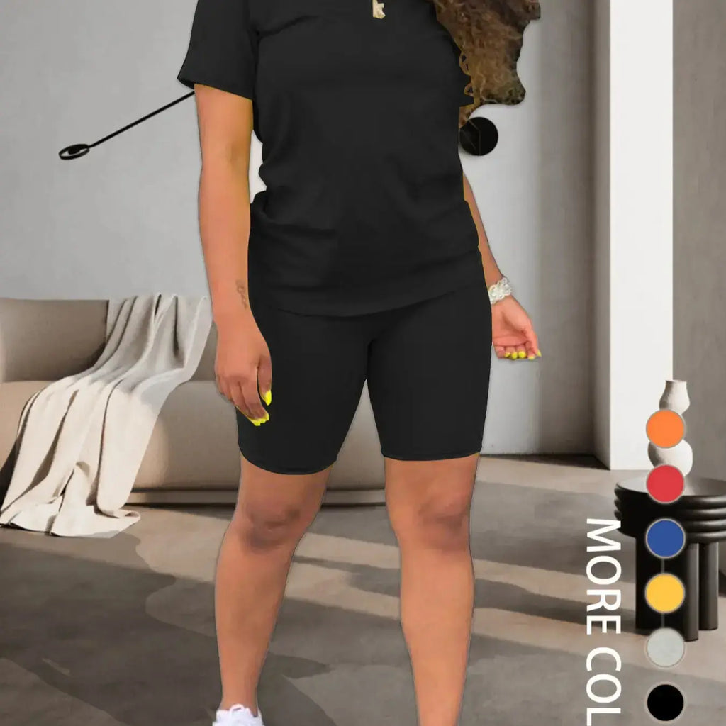 Two-piece Women's Fitted Plain Basic Round Neck Tee & Skinny Shorts Set, Minimalist, Casual Summer Clothes for Women, Short Sleeve Crew Neck T-shirt & Shorts, Summer Outfit for Outdoor, Matching Clothing Set, Casual Beach Set, Fashion Clothes Set