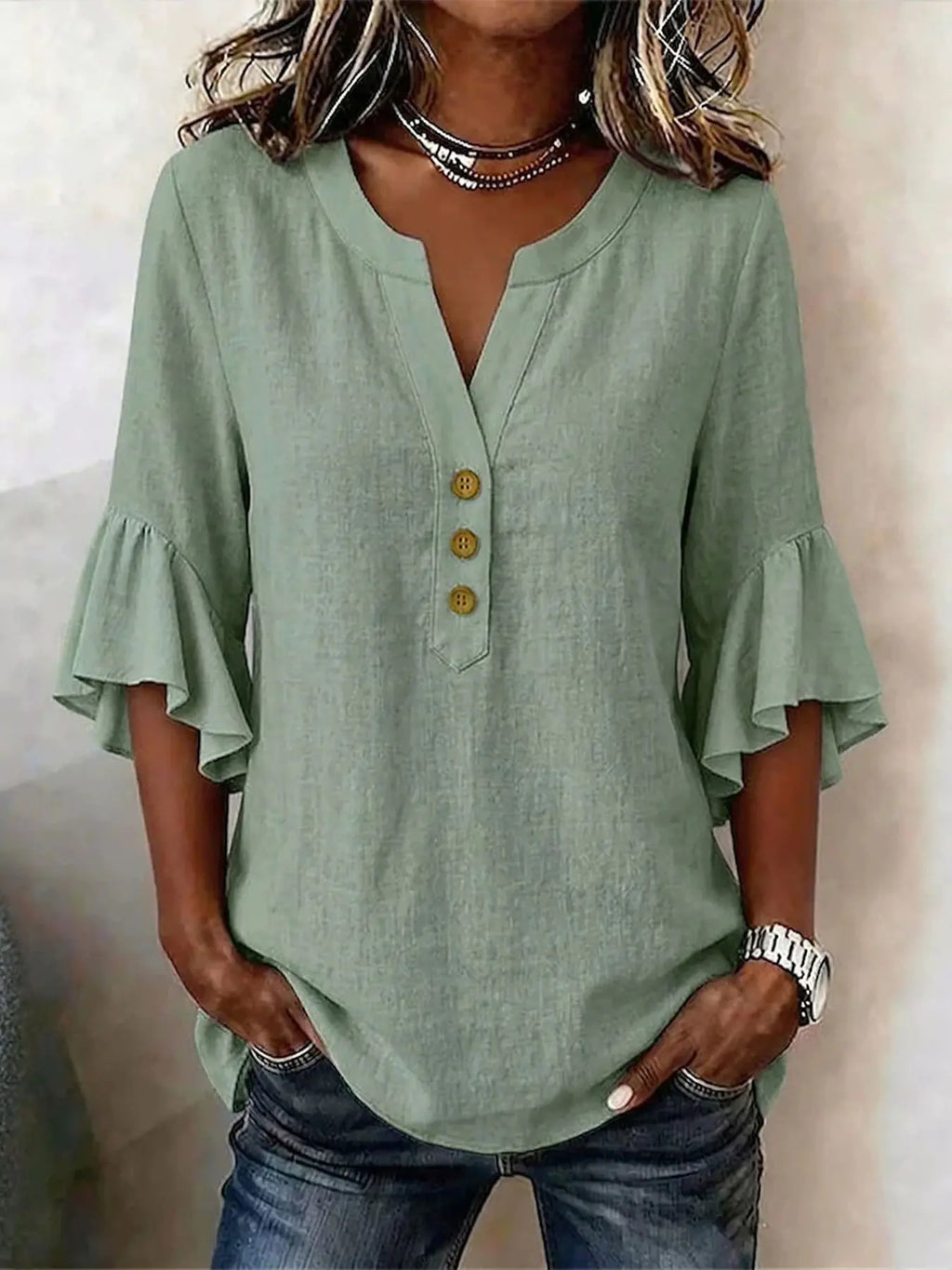 Women's V-Neck Solid Color Button Front Casual Loose Ruffle Sleeve T-Shirt, Fashionable Leisure Top, Stylish and Comfortable, Ruffled, Everyday