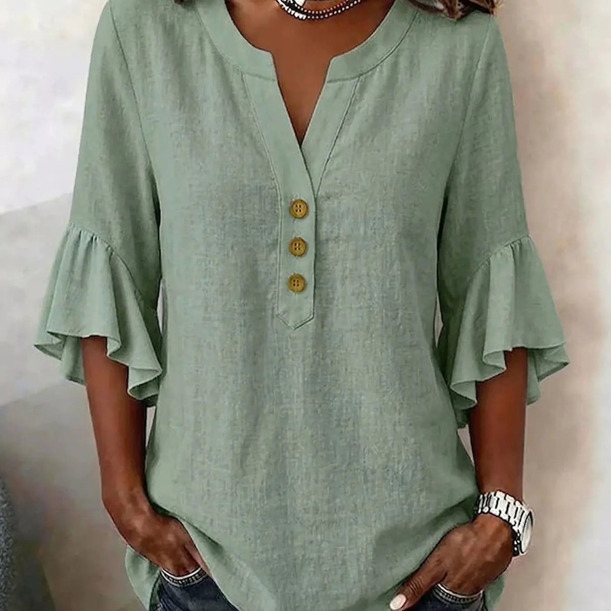Women's V-Neck Solid Color Button Front Casual Loose Ruffle Sleeve T-Shirt, Fashionable Leisure Top, Stylish and Comfortable, Ruffled, Everyday