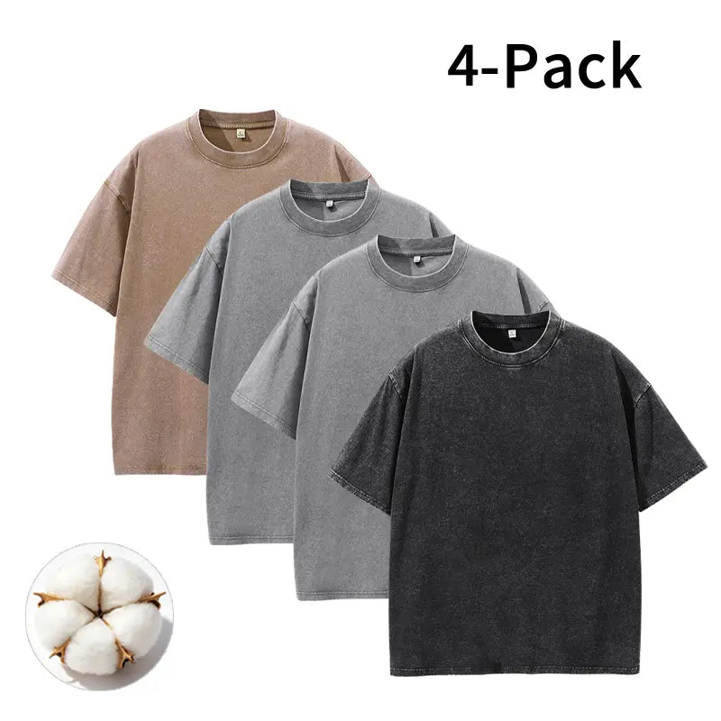 Men's Vintage Washed Cotton Streetwear T-Shirts, 2/4-Pack Oversized Plain Round Neck Bundle Short-Sleeve Tops with Cotton Build for Daily Rotation, Men's T Shirts