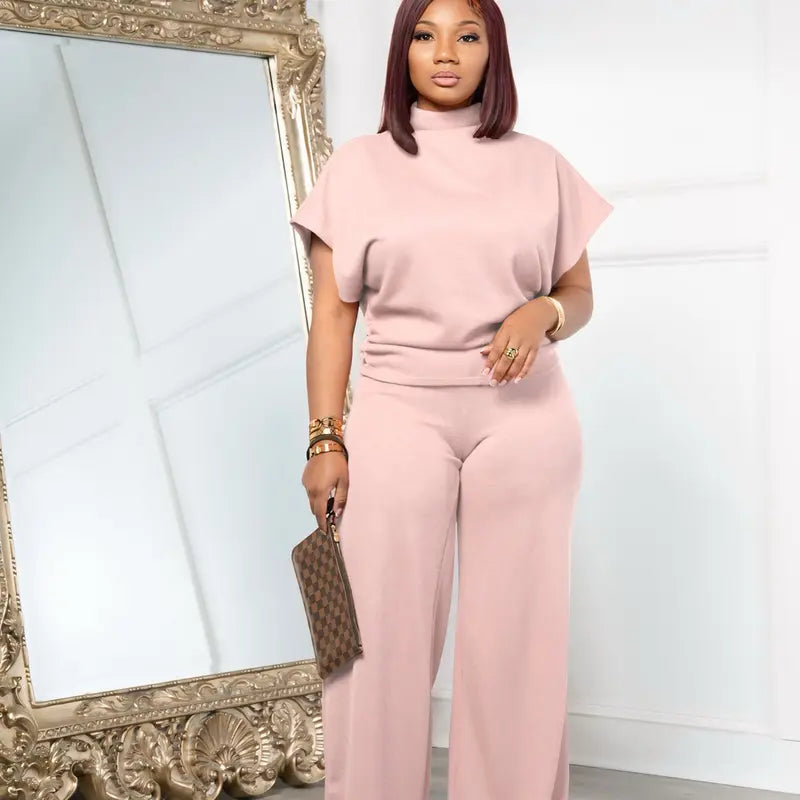 USBoutique Chic Women Summer Lightweight And Silky Soft Set Two Piece Casual Set Short Sleeved Semi High Neck Loose Top Wide Leg Pants Set