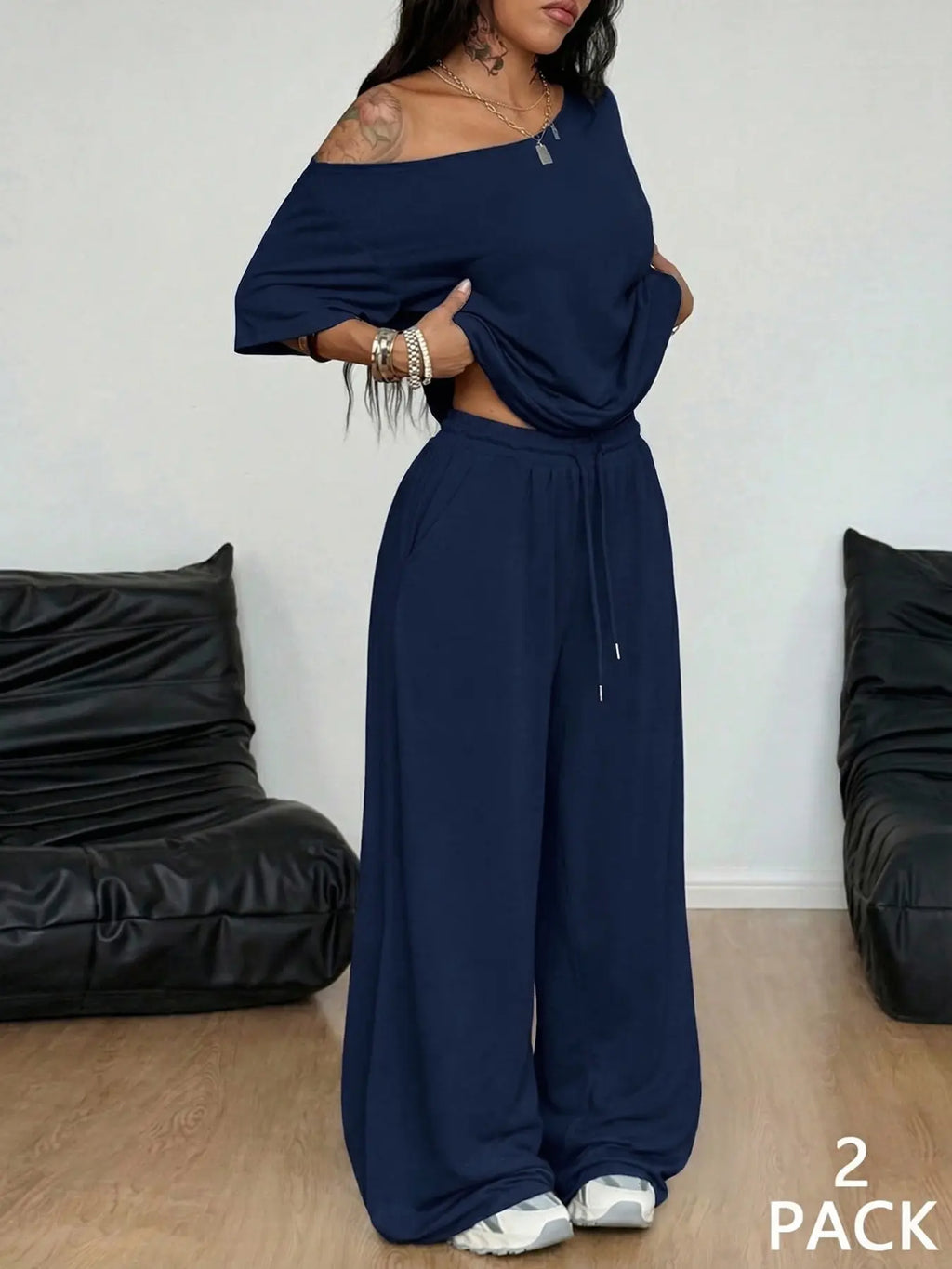 2pcs/Set Women's Minimalist Basic Daily Wear Going Out Sport Comfortable Off Shoulder T-Shirt And Wide Leg Pants Two Pieces Outfits Clothes