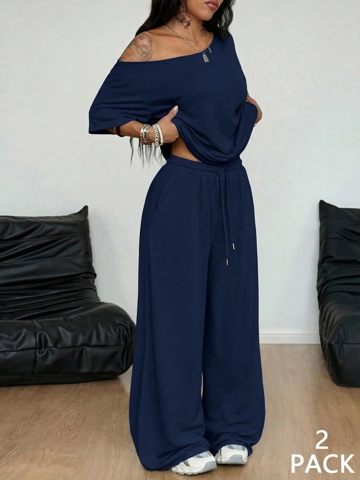 2pcs/Set Women's Minimalist Basic Daily Wear Going Out Sport Comfortable Off Shoulder T-Shirt And Wide Leg Pants Two Pieces Outfits Clothes