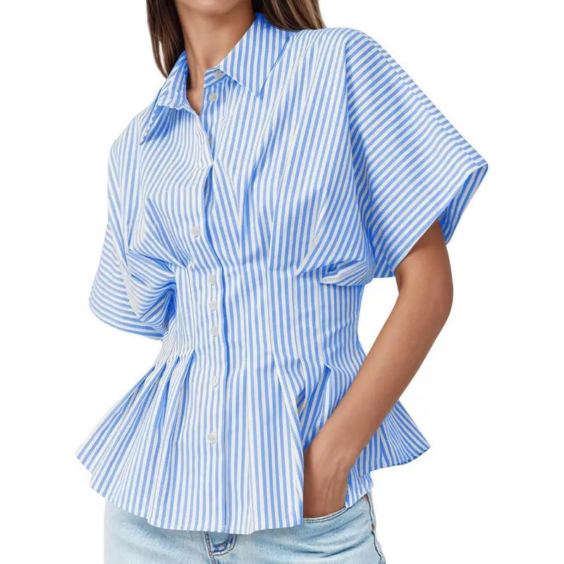 TANKANEO Women's Striped Peplum Button-Down Blouse - Short-Sleeve Batwing, Fitted Waisted, Pleated Polyester Shirts for Women, Flattering Everyday Tops, Breathable Casual Summer Business Wear