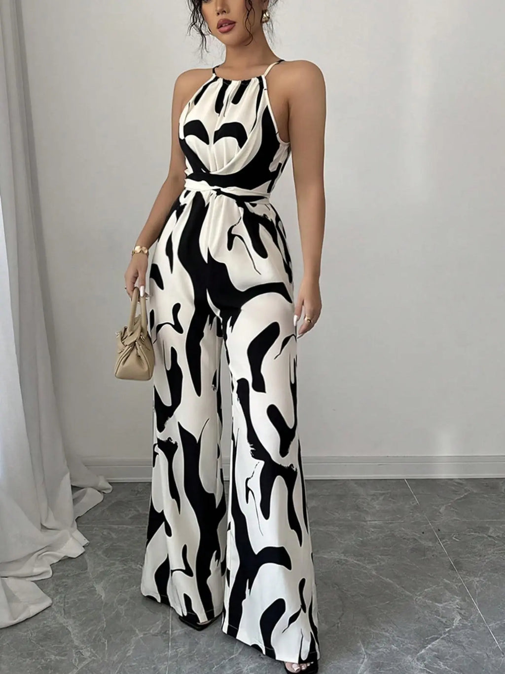 Women's All-Over Print Halter Neck Wide-Leg Jumpsuit, One Piece Jumpsuits, Sleeveless Casual Party Jumpsuit for Holiday Vacation & Daily Wear, Ladies' Spring & Summer Clothes