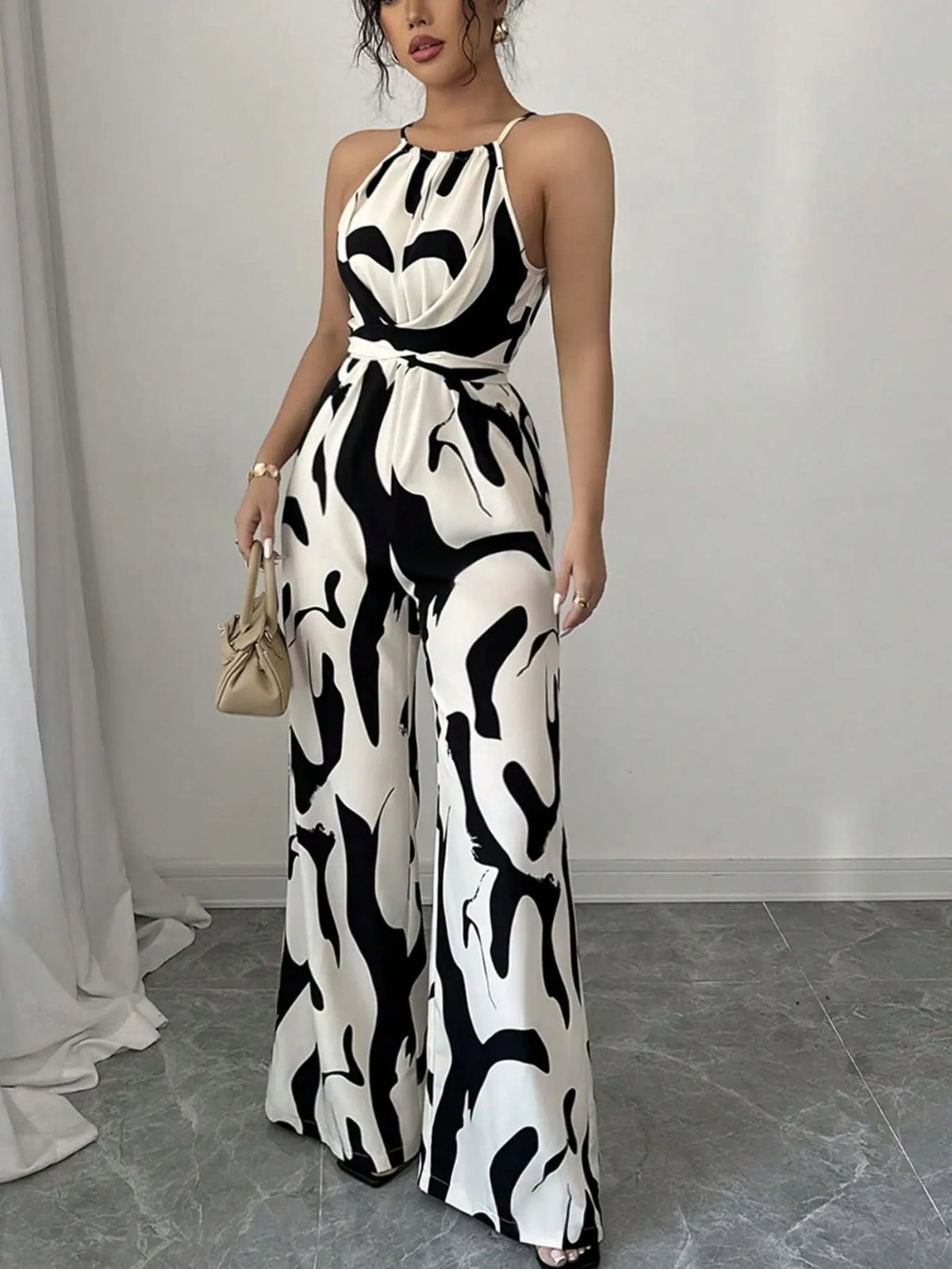 Women's All-Over Print Halter Neck Wide-Leg Jumpsuit, One Piece Jumpsuits, Sleeveless Casual Party Jumpsuit for Holiday Vacation & Daily Wear, Ladies' Spring & Summer Clothes