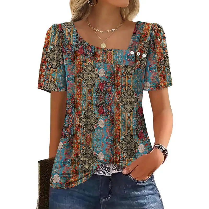 WIHOLL Women's Striped Short-Sleeve Boat Neck Blouse - Elegant Dressy Casual Loose-Fit Top with Button Detail, Soft Stretch Polyester Blend, Chic Aesthetic Blouses & Shirts, Check Size Chart, Back-to-School Outfits