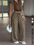 Women's 2-Piece Casual Office Sleeveless Collared Short Crop Top + High-Waisted Adjustable Drawstring Wide Leg Pants, Daily Wear Essential Set