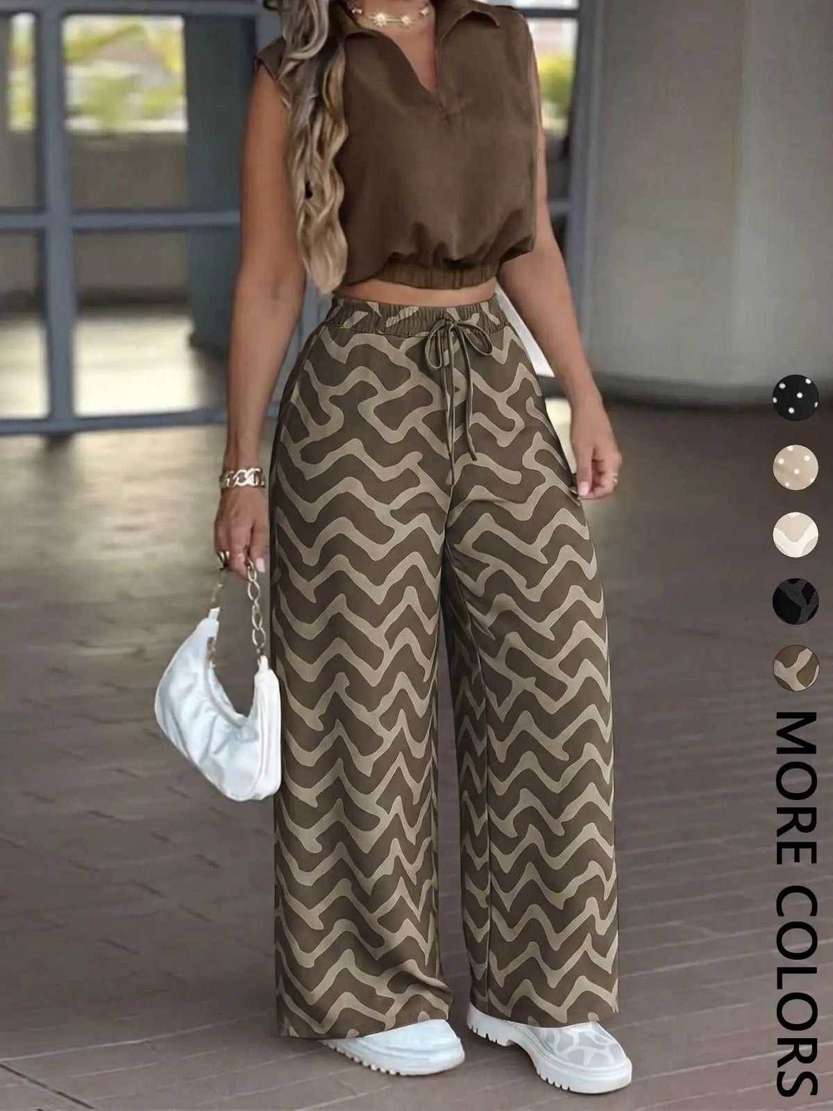 Women's 2-Piece Casual Office Sleeveless Collared Short Crop Top + High-Waisted Adjustable Drawstring Wide Leg Pants, Daily Wear Essential Set