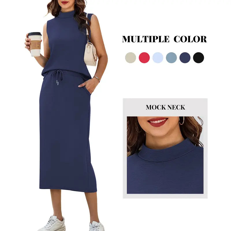 Casly Lamiit Women's 2-Piece Soft Fabric Crew Neck Cap Sleeve Top & Drawstring Midi Skirt Set with Pockets, Summer Lounge Basics Outfits