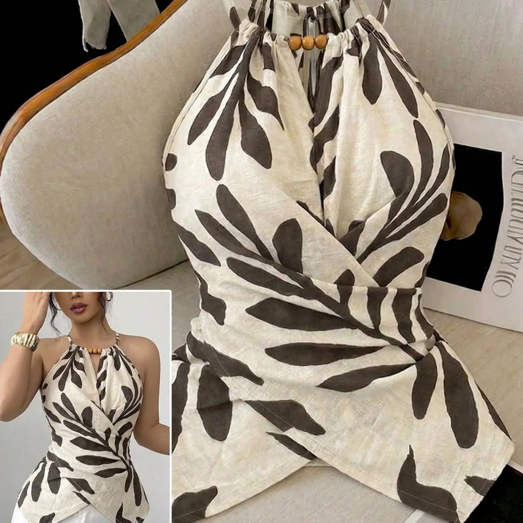Elegant Halter Neck V-Neck All Over Print Sleeveless Top, Summer Waist-Cinch Slimming Asymmetrical Hem Chiffon Shirt, European Style Shoulder-Baring Commute Vacation Blouse, Casual Chiffon Tops, Summer Vibes Tops, Blouses Shirts Tops