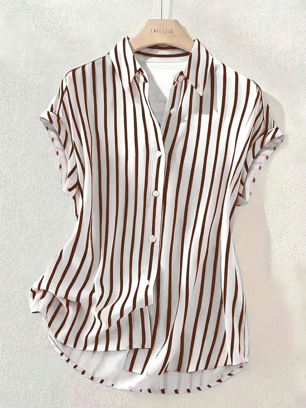 Women's Summer Striped, Single-Breasted Drop Shoulder Short Sleeve Shirt, Loose Tops, High-Low Hem Polyester Colorblock Button-Front Top