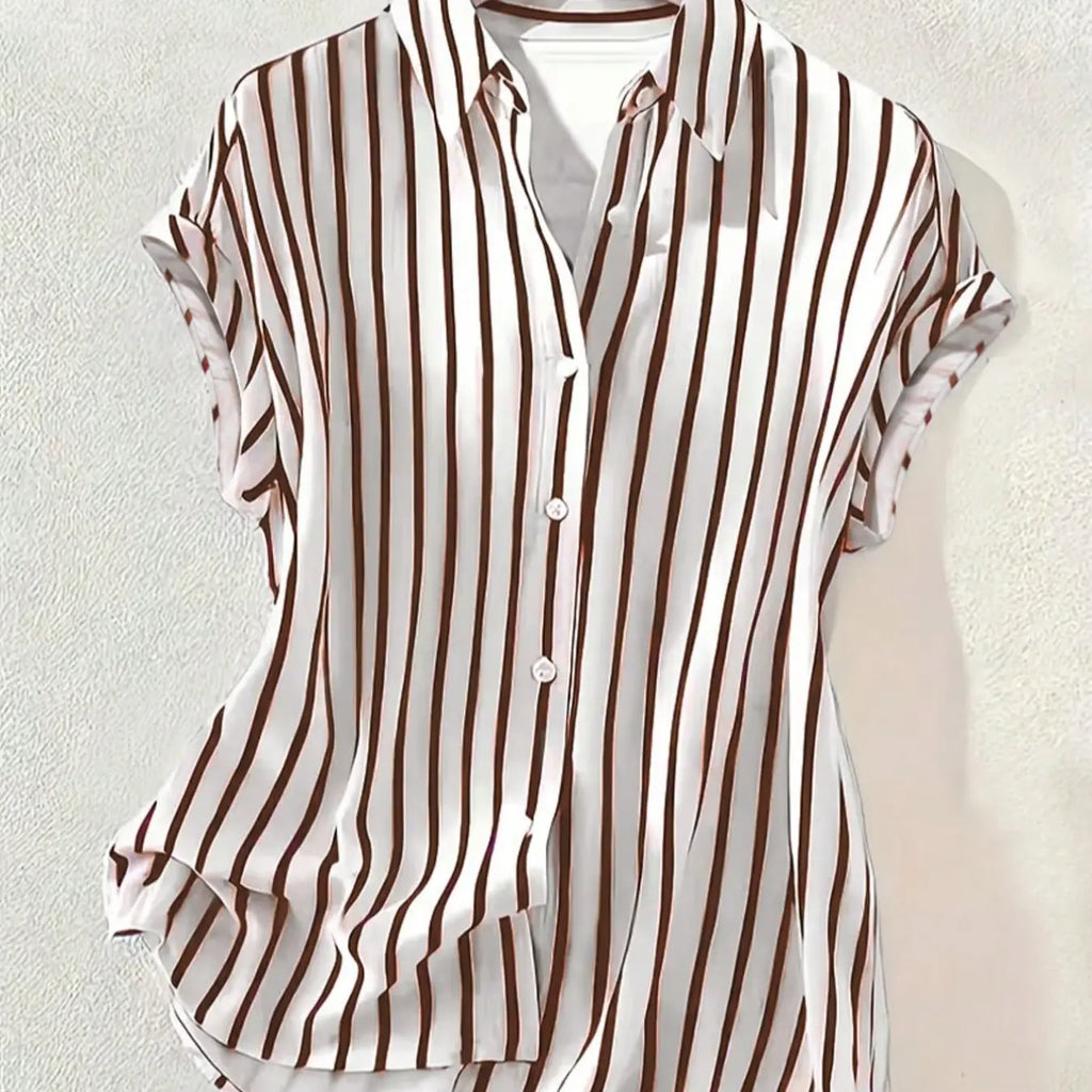 Women's Summer Striped, Single-Breasted Drop Shoulder Short Sleeve Shirt, Loose Tops, High-Low Hem Polyester Colorblock Button-Front Top