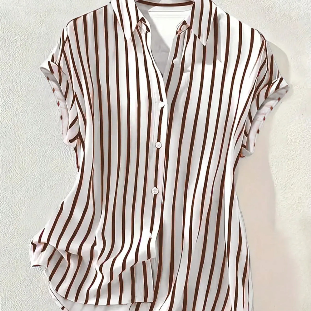 Women's Summer Striped, Single-Breasted Drop Shoulder Short Sleeve Shirt, Loose Tops, High-Low Hem Polyester Colorblock Button-Front Top