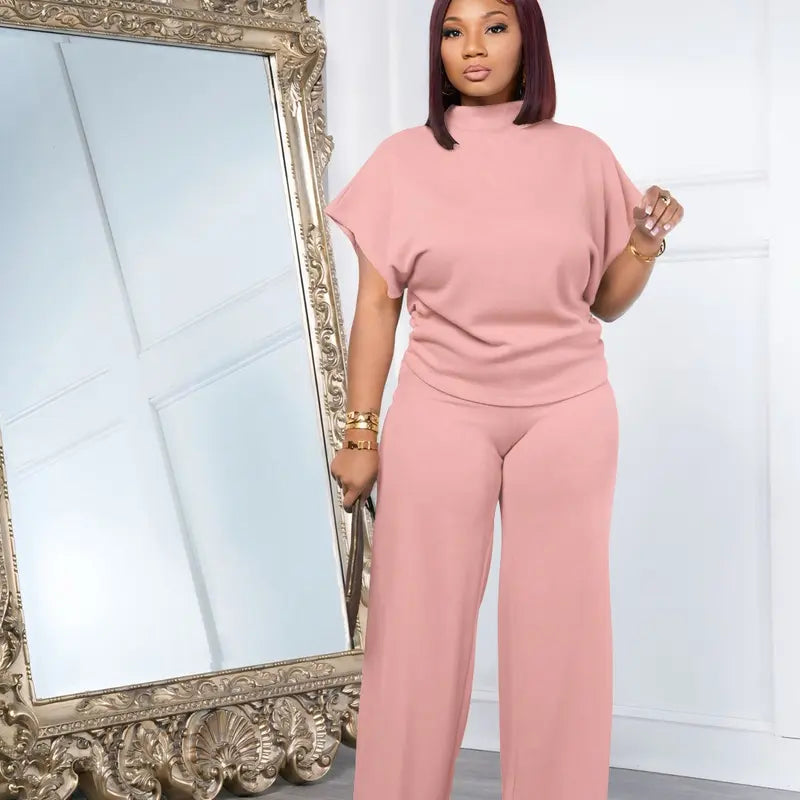 USBoutique Chic Women Summer Lightweight And Silky Soft Set Two Piece Casual Set Short Sleeved Semi High Neck Loose Top Wide Leg Pants Set