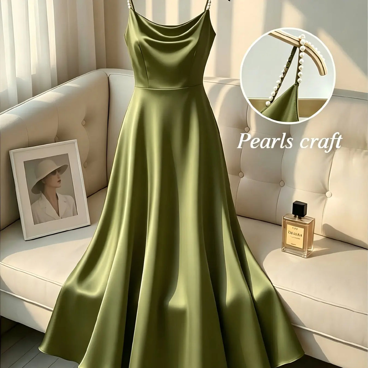 Elegant Satin Dress for Women, Handmade Beaded Strapless Formal Evening Gown, Waist Cinched Design, Pure Color Luxury Fashion