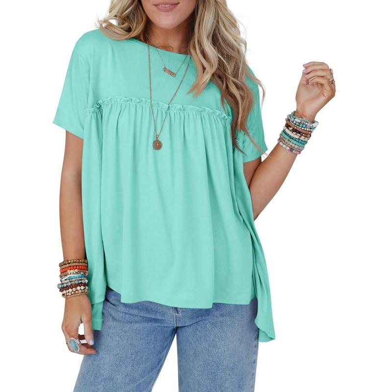 Imily Bela Womens Summer Babydoll Tunic Tops Pleated Short Sleeve Crew Neck Peplum T Shirts Casual Loose Fit Outfits Womenswear Blouse church outfit Breathable Chic
