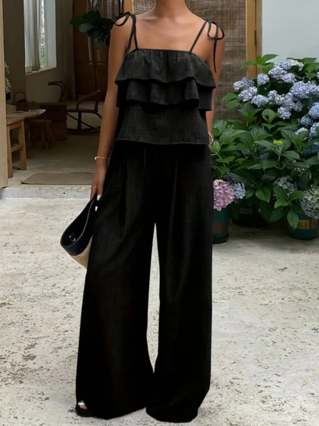 Women's Two-Piece Set, Womenswear, Sleeveless Ruffles Top & Loose Fit Oversized Long Pants, Spring Summer Casual Minimalist, High-Waisted Wide-Leg Design, Two Pieces Outfits