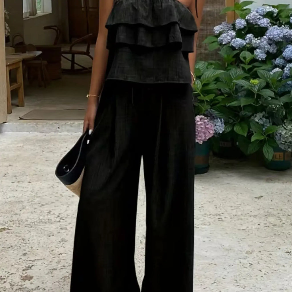 Women's Two-Piece Set, Womenswear, Sleeveless Ruffles Top & Loose Fit Oversized Long Pants, Spring Summer Casual Minimalist, High-Waisted Wide-Leg Design, Two Pieces Outfits