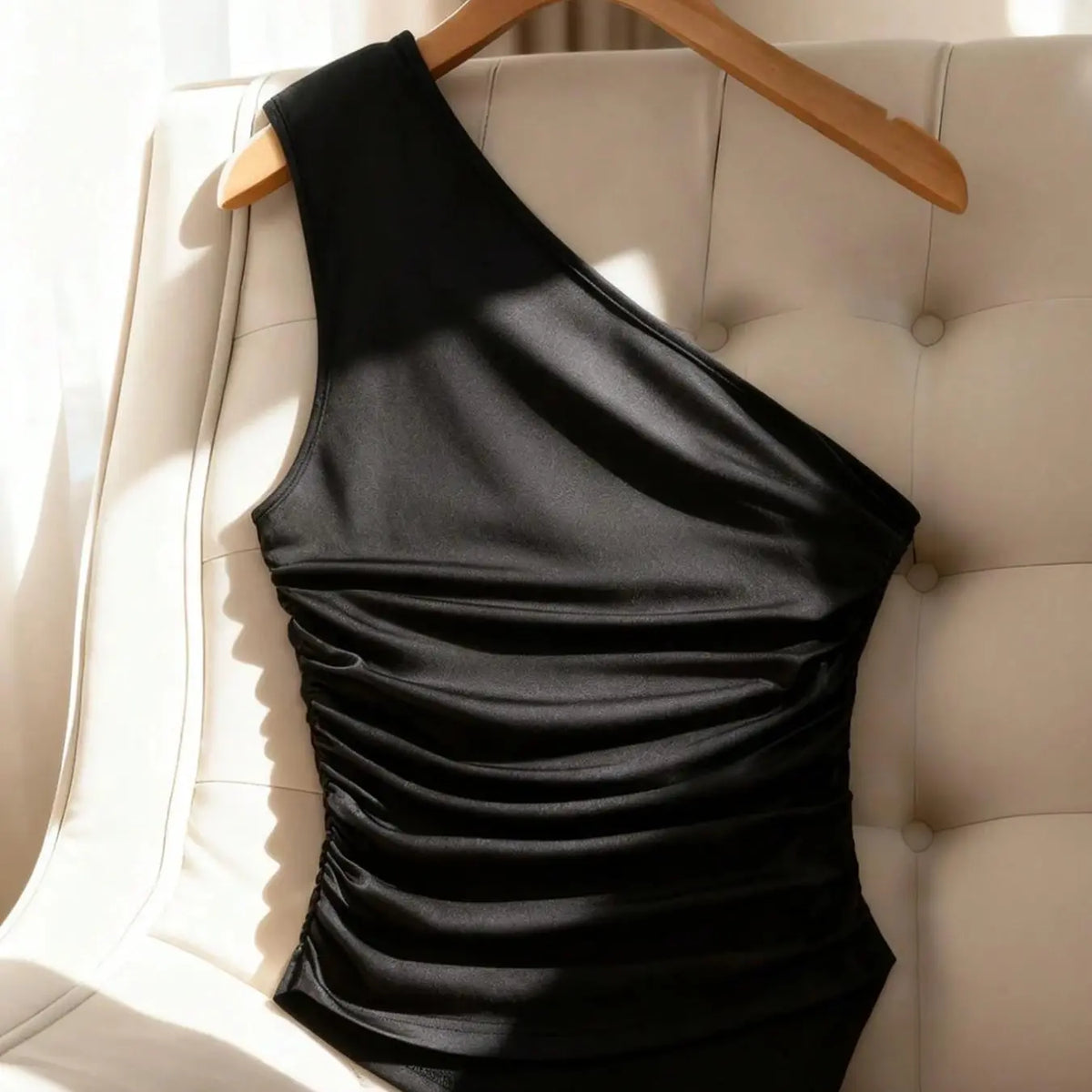 Women's Asymmetrical Tank Top, Elegant Gold Button Detail, Waist Cinch Design, Stretchy Fit Fabric, Perfect for Office & Dates