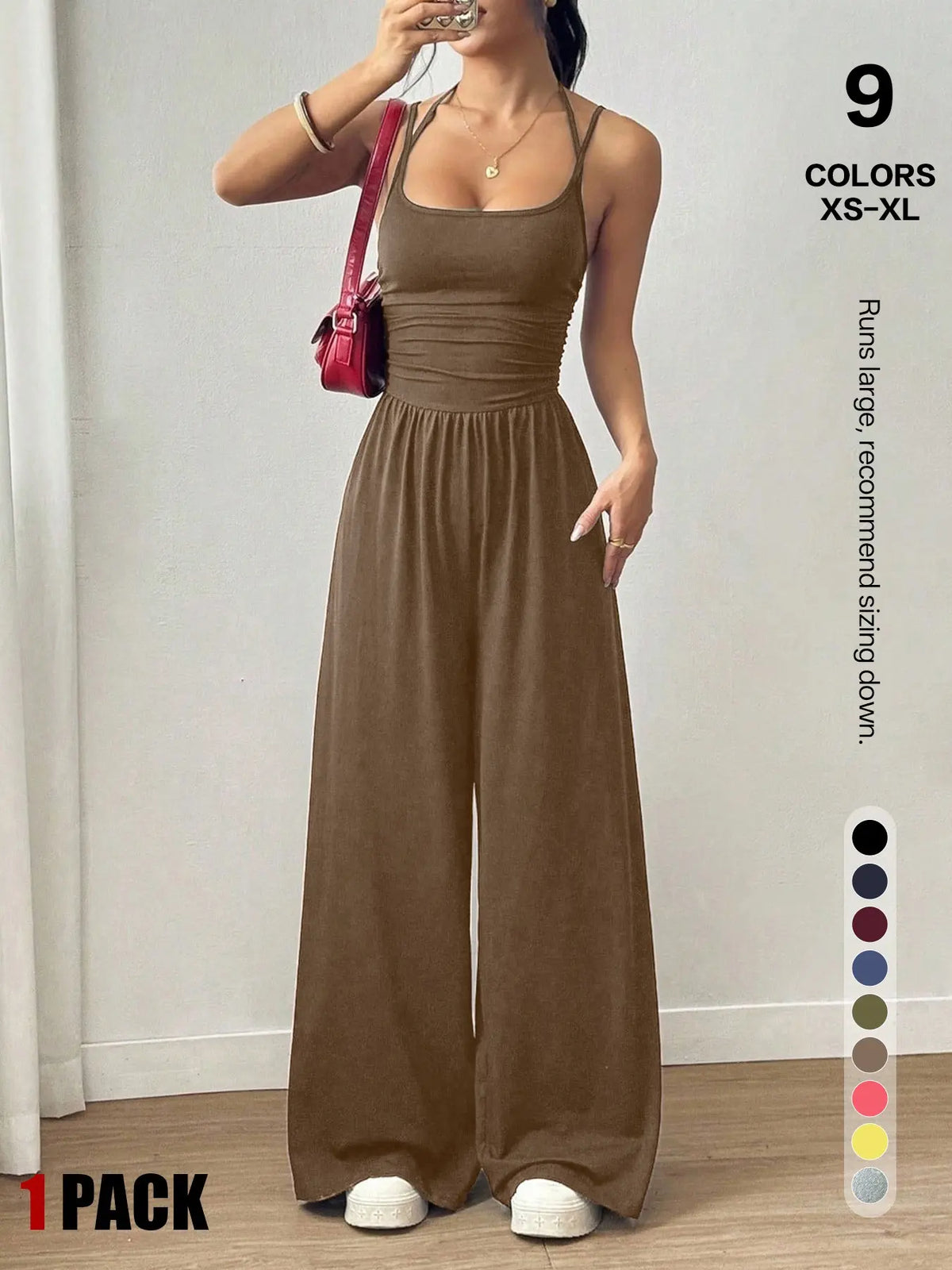 Women's Backless Jumpsuit, Basic Spaghetti Strap Smocked Bodice One Piece Romper, Sleeveless Wide Leg Casual Outfit, No Pockets, All Seasons Vacation Wear