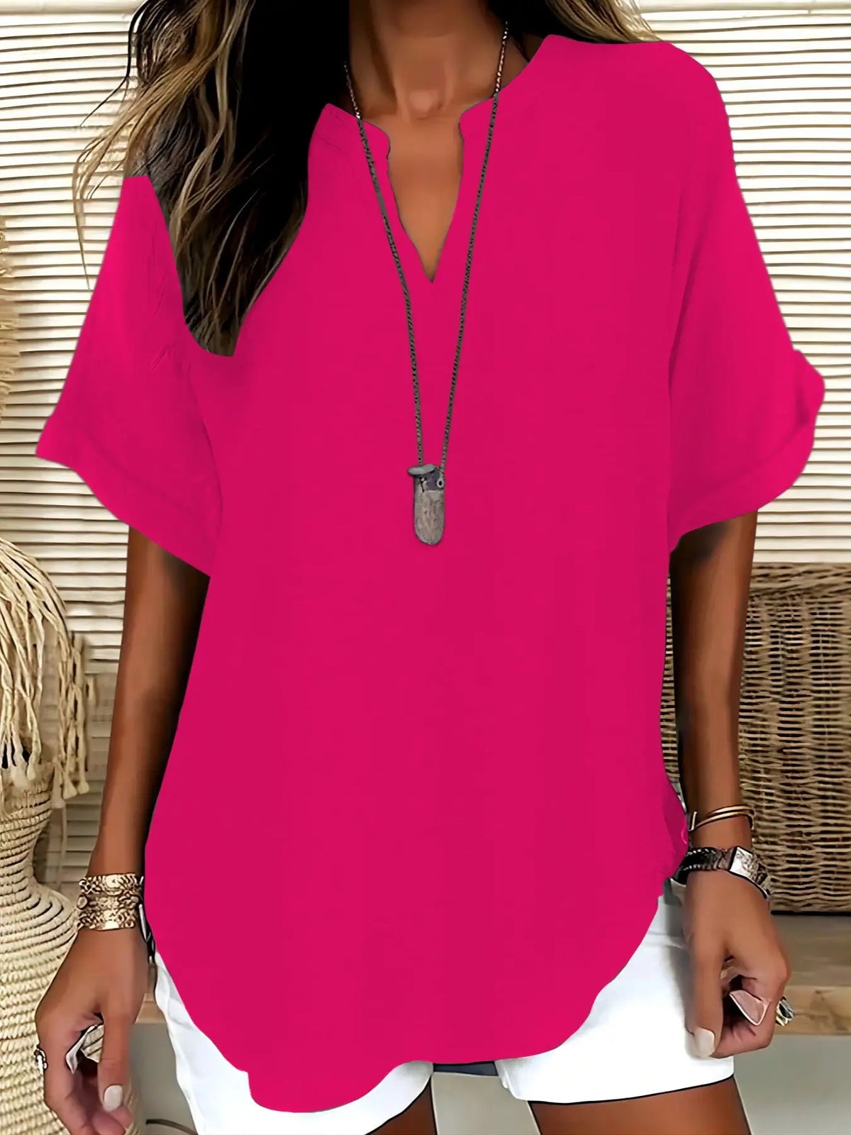 Women's Simple Basic Vintage Elegance Solid V-Neck Short Sleeve Batwing Shirt Blouses, Casual Loose-Fitting Lightweight Pullover, 100% Polyester, All Seasons Fashion Top Minimalist, Casual Daily Tops
