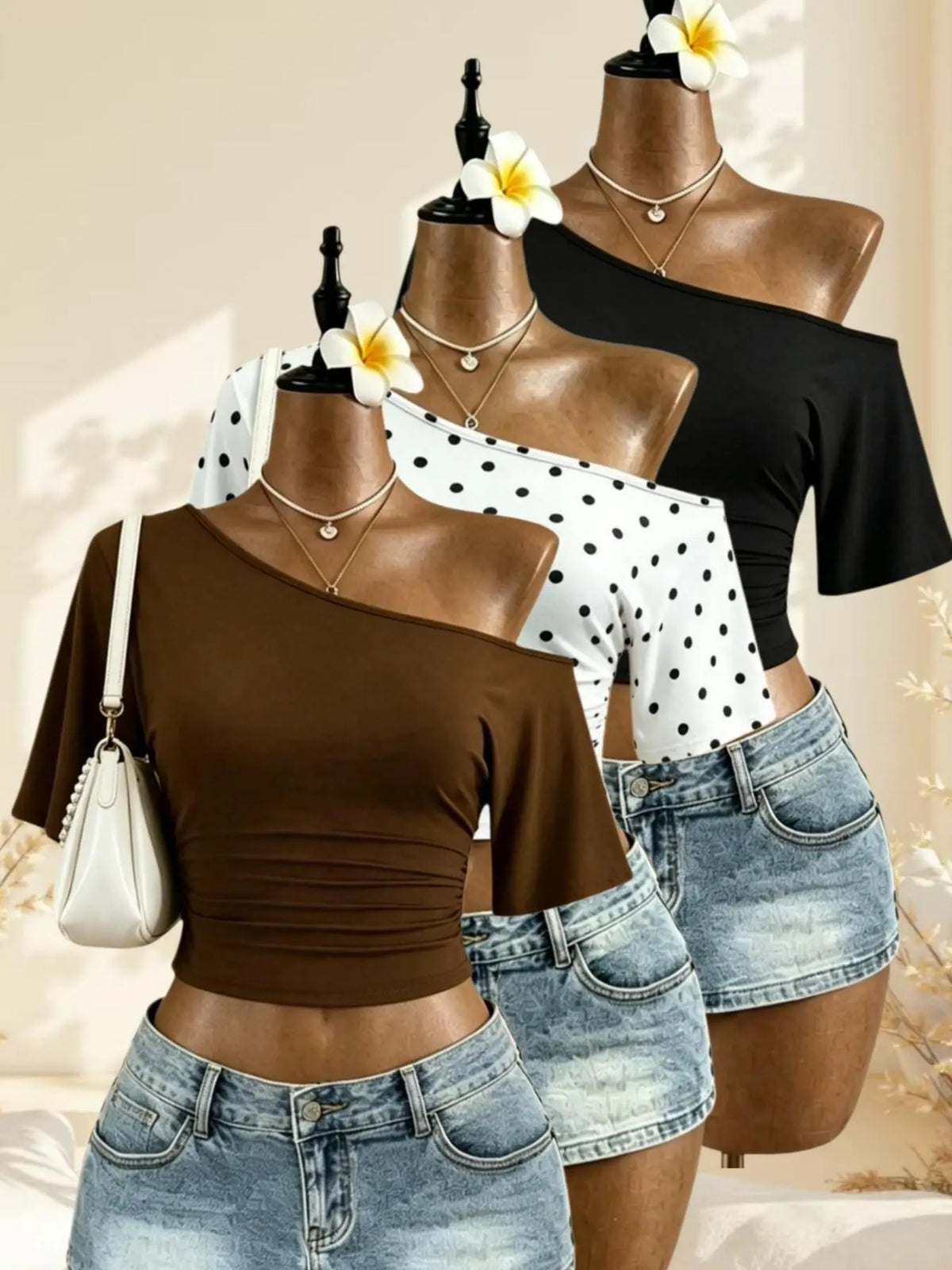 American Vintage Summer Asymmetrical Shoulder Pleated Short Sleeve Top, Polka Dot Solid Color Waist Cinch Slim Fit T-Shirt Set of Three