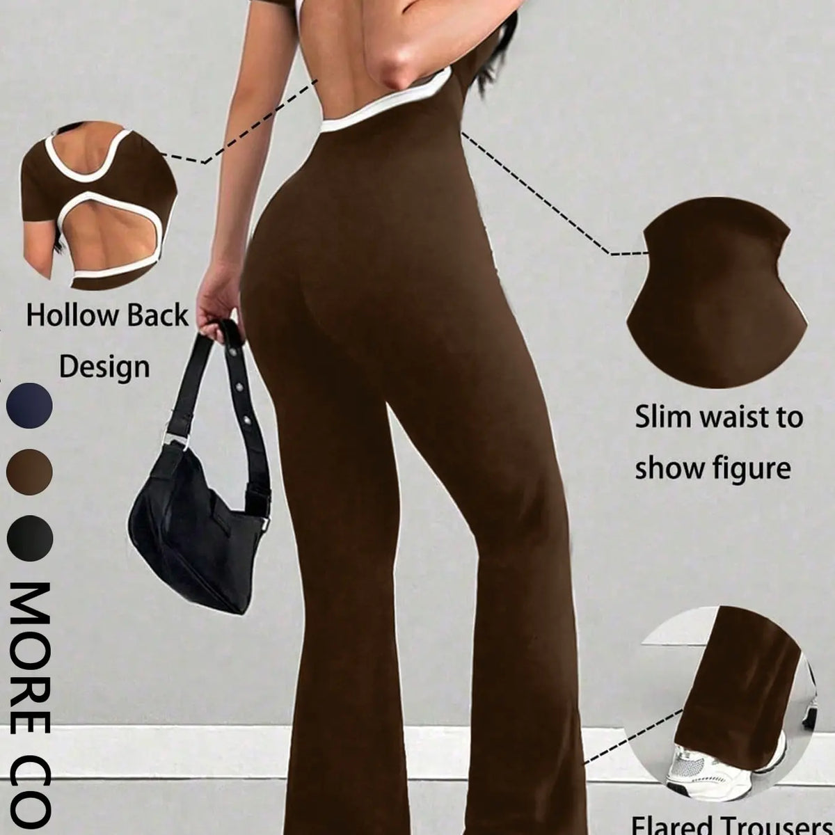 Casual Slim Fit Jumpsuit, Women's Colorblock Backless Flared Hem Design, Comfortable and Stylish One-Piece Clothing for Daily Wear, Backless Fitted Jumpsuit
