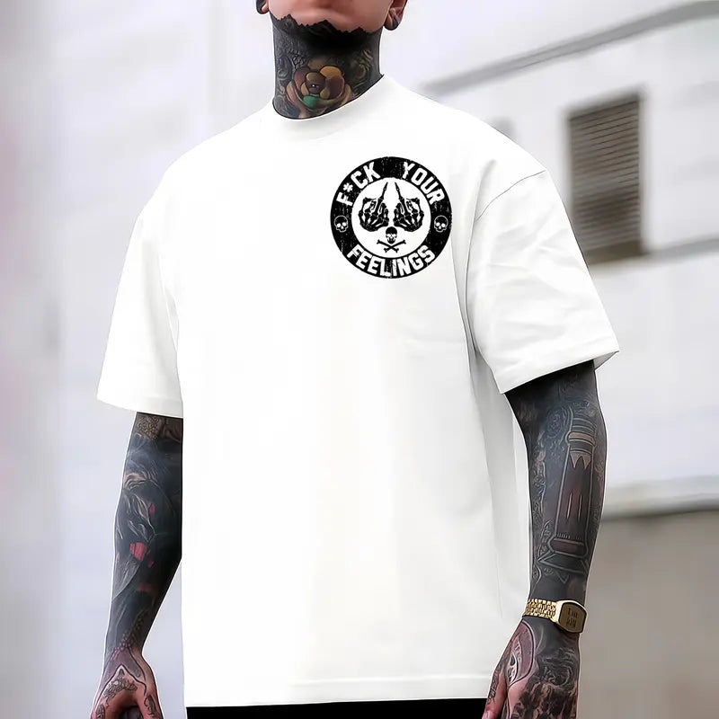 Men's "F*ck Your Feelings" Skull Graphic T-Shirt, Short-Sleeve Round Neck Loose Menswear, Bold Statement Limited Edition Fashion Streetwear Casual Angel Tee tiktokshopspringglowup,summervibes Cotton Tops Black Crewneck Tropical