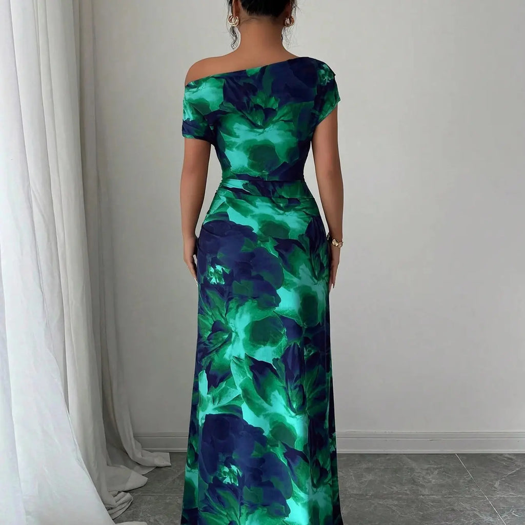 Women's Minimalist Print Asymmetrical Ruffled Floral Formal Dress with Shoulder and Waist Details, Elegant Chic Evening Formal Wear Fashion for Parties and Casual Outings