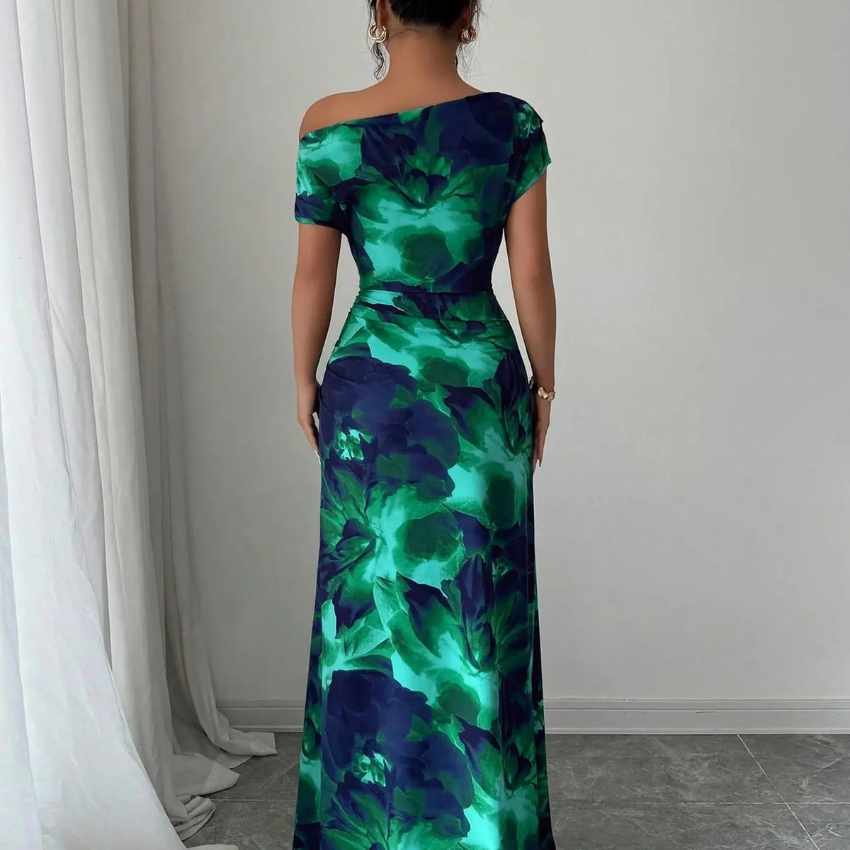 Women's Minimalist Print Asymmetrical Ruffled Floral Formal Dress with Shoulder and Waist Details, Elegant Chic Evening Formal Wear Fashion for Parties and Casual Outings