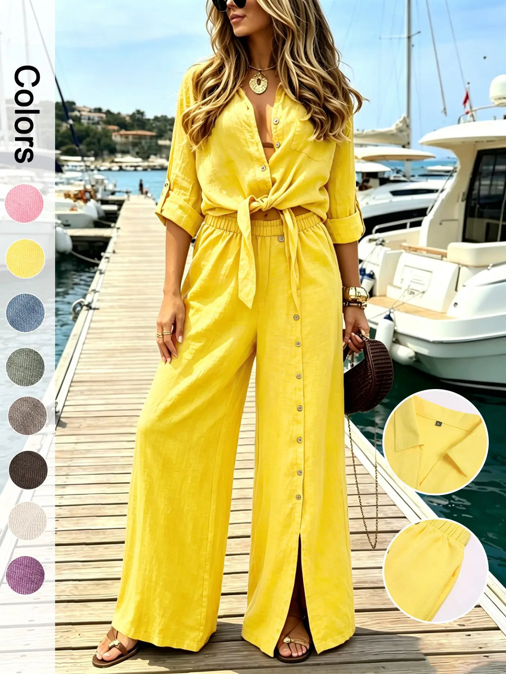 Women's Two-Piece Vacation Style Shirt and Pants Set, Knot Top with Button Decoration, Wide-Leg Pants, Casual Womenswear Clothes