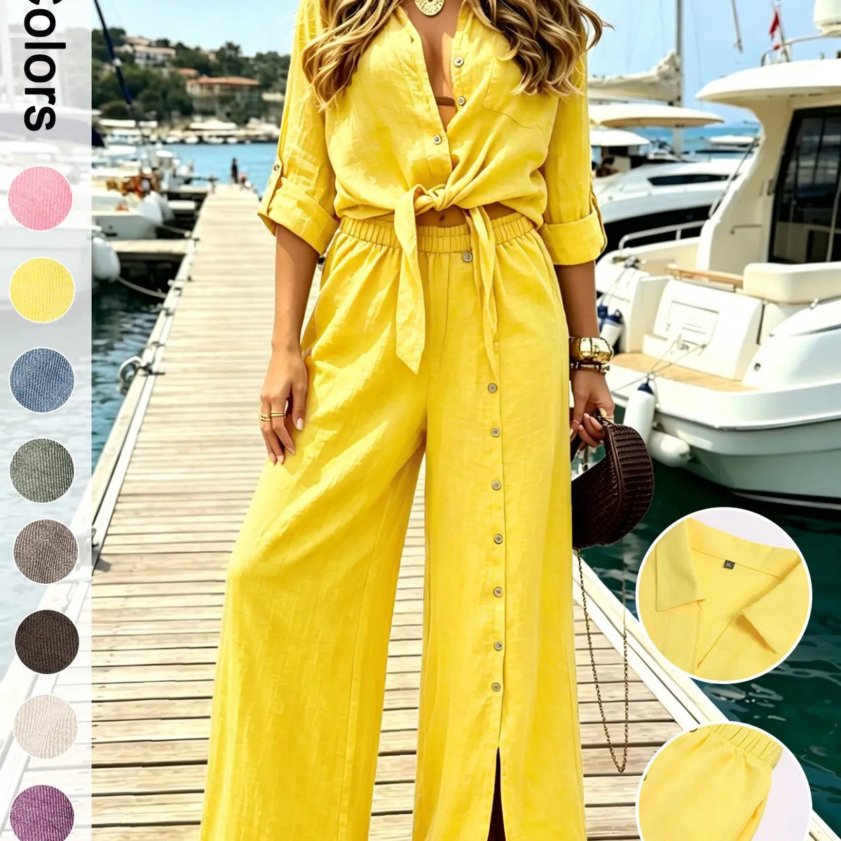 Women's Two-Piece Vacation Style Shirt and Pants Set, Knot Top with Button Decoration, Wide-Leg Pants, Casual Womenswear Clothes