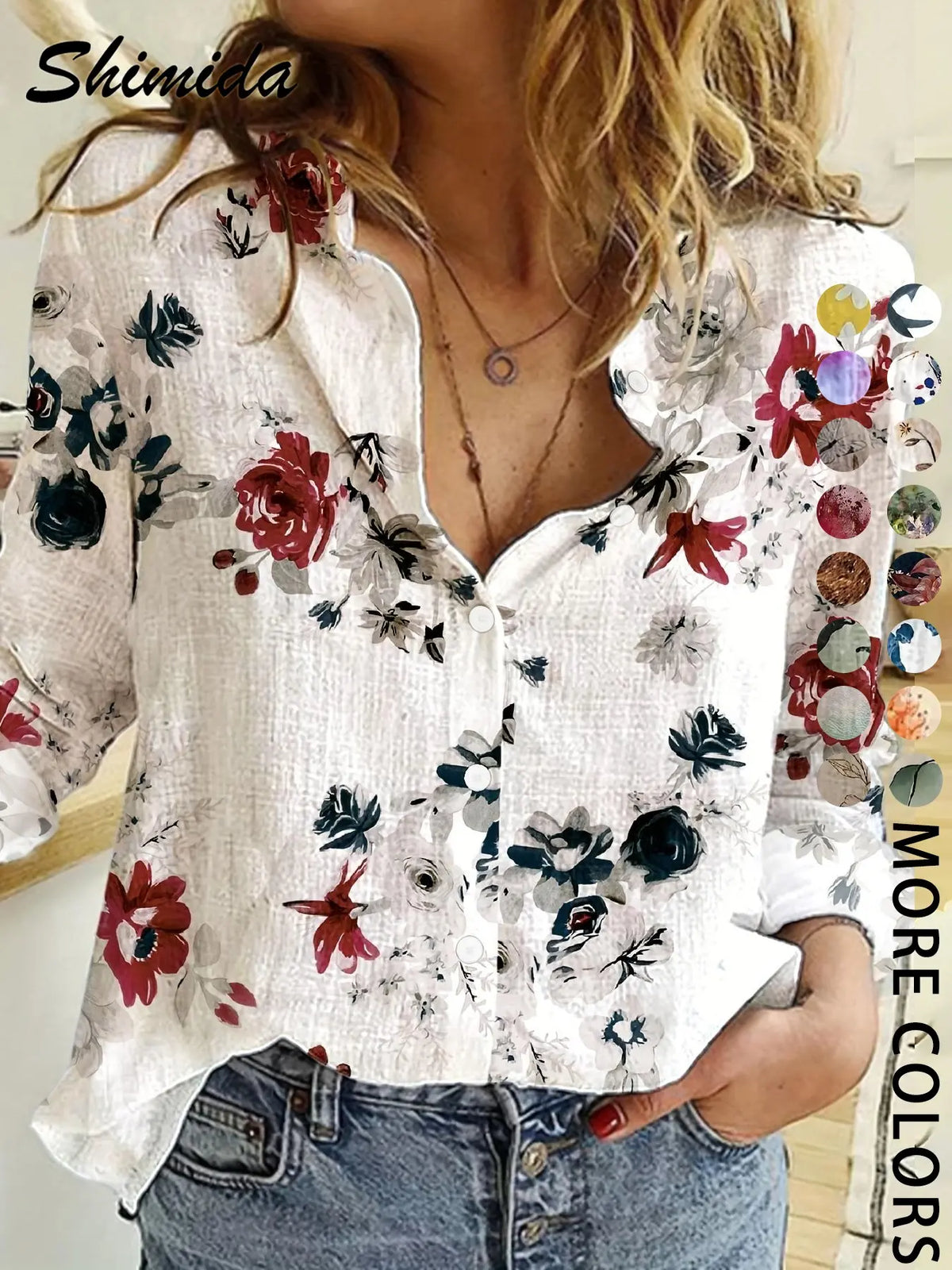 Women's Four-Season Button-Up Shirt, Digital Floral Print Long Sleeve Basic Blouse, Casual Vacation Lapel Boho Cottagecore Blouse, Soft Tops for Casual Daily Wear, Boho Style Shirt