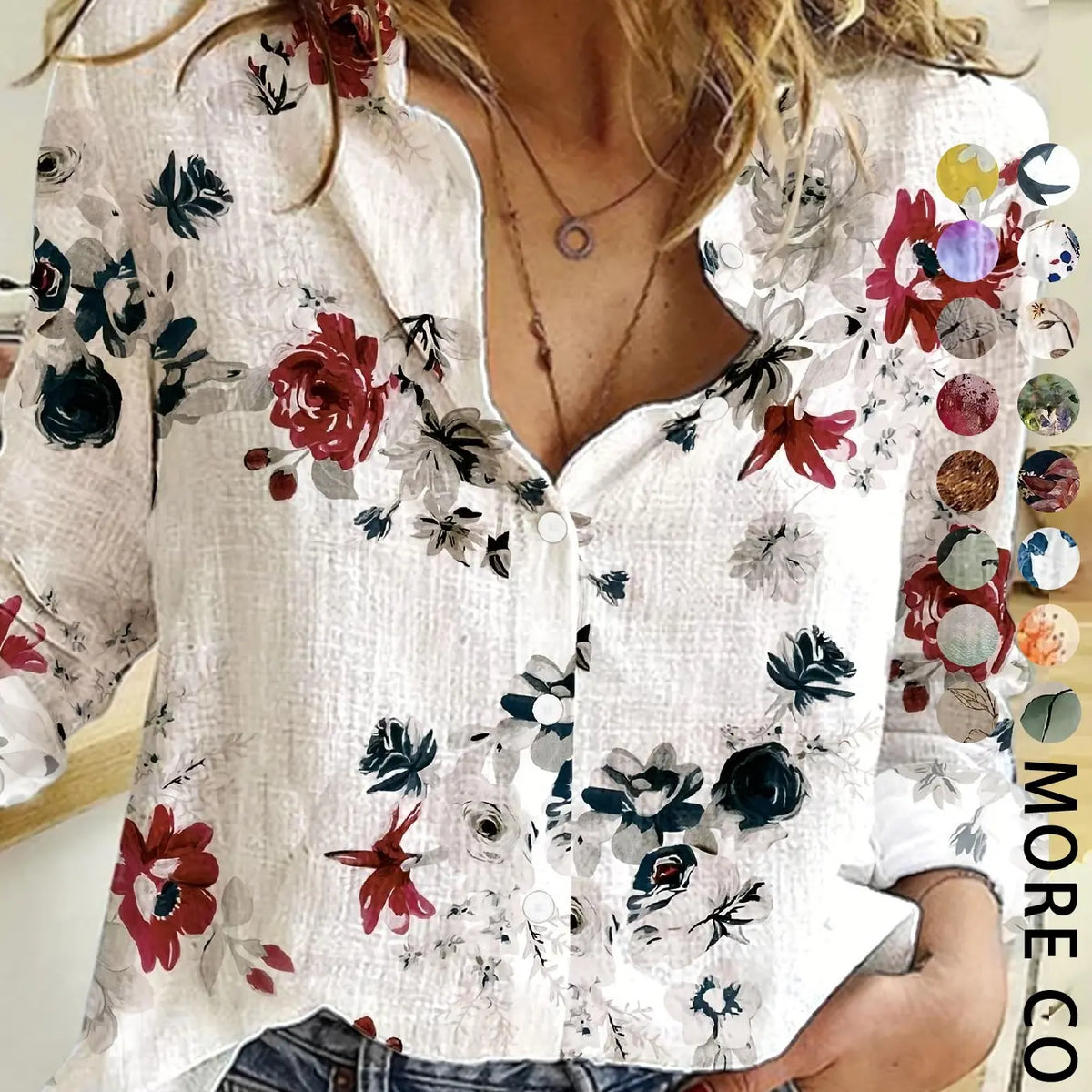 Women's Four-Season Button-Up Shirt, Digital Floral Print Long Sleeve Basic Blouse, Casual Vacation Lapel Boho Cottagecore Blouse, Soft Tops for Casual Daily Wear, Boho Style Shirt