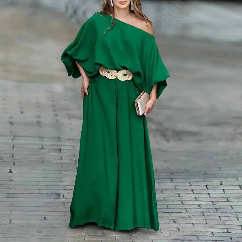 2026 CHICME Women's Skew Neck Lantern Sleeve Top & Wide Leg Pants Set & Wedding Gust