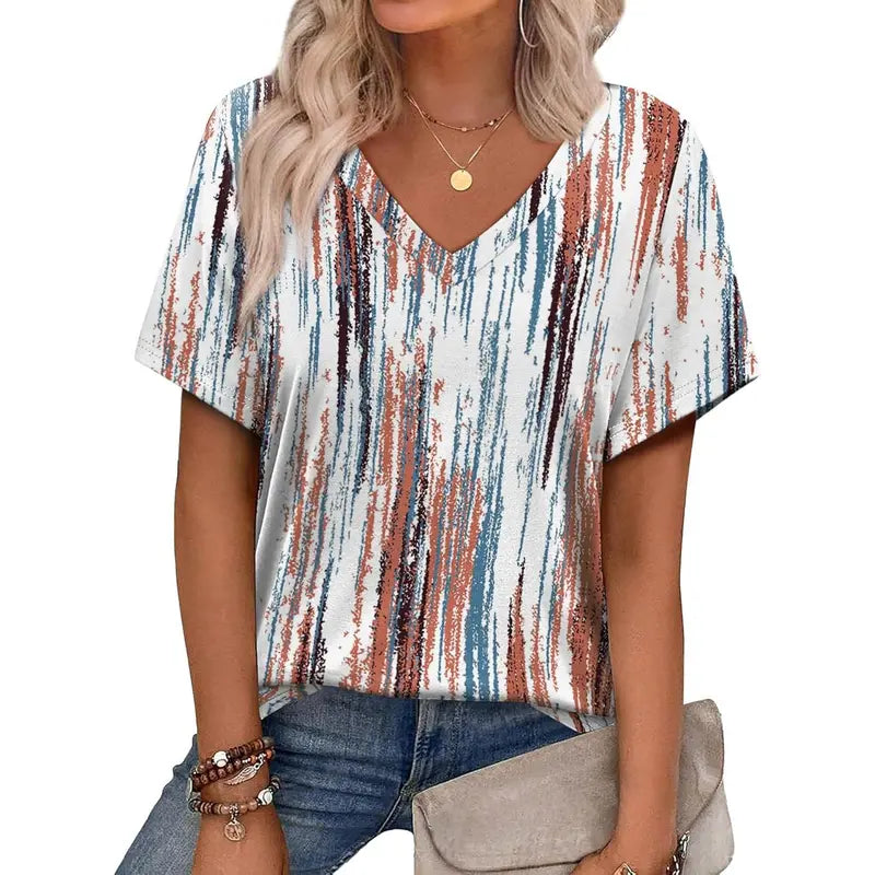 WIHOLL Women's 2026 Summer Basic Trendy Blouses - V-Neck Shortsleeve Lightweight Digital Print 12 Top, Stylish Dressy Casual Vacation Outfit, Women's Clothing