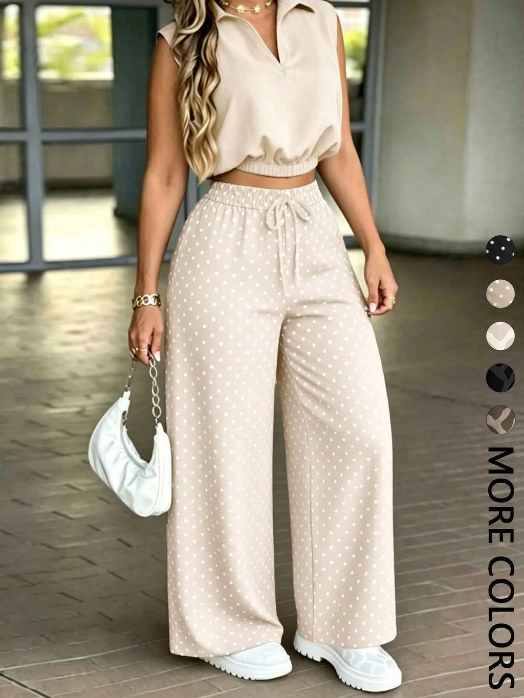 Women's 2-Piece Casual Office Sleeveless Collared Short Crop Top + High-Waisted Adjustable Drawstring Wide Leg Pants, Daily Wear Essential Set