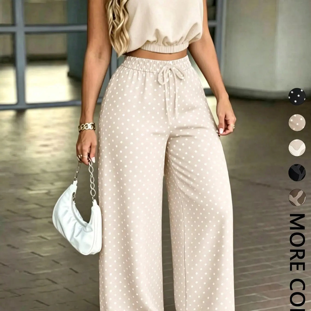 Women's 2-Piece Casual Office Sleeveless Collared Short Crop Top + High-Waisted Adjustable Drawstring Wide Leg Pants, Daily Wear Essential Set