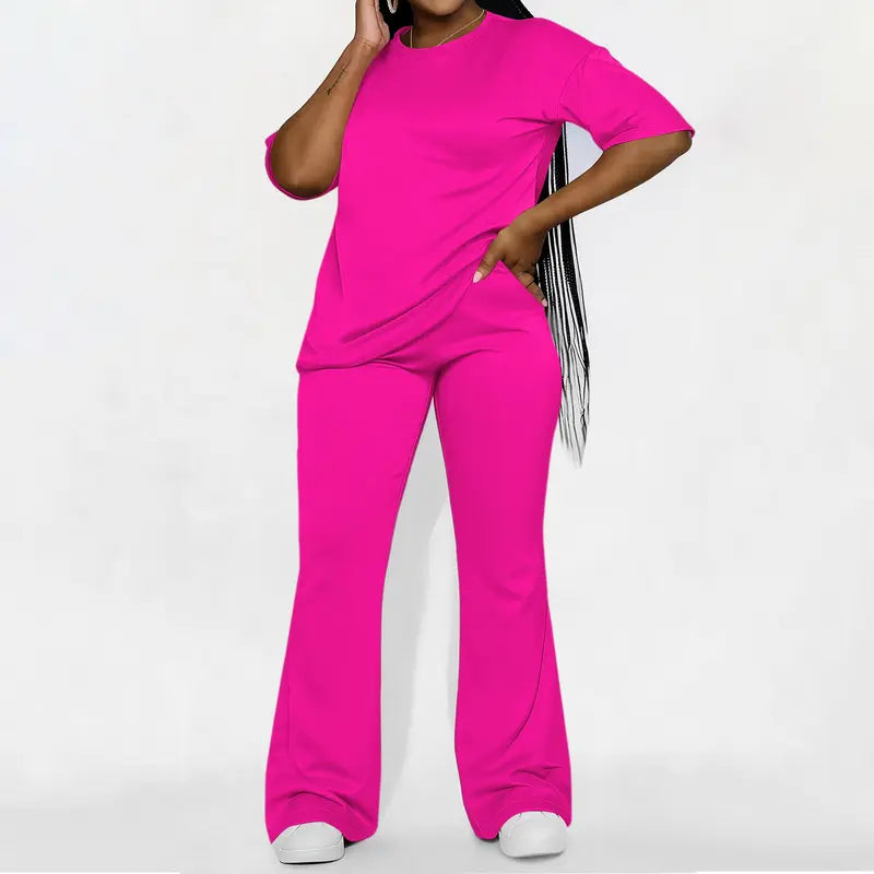 Women's Solid Drop Shoulder 2-Piece Set - Half Sleeve Crewneck (Round Neck) Fitted Minimalist Tee & Pants, Casual Cozy Womenswear for Daily Outdoor Fall Wear, Casual Women's Set Suits Basic Shortsleeve Clothes, Matching Sets, Stylish Women's Wear