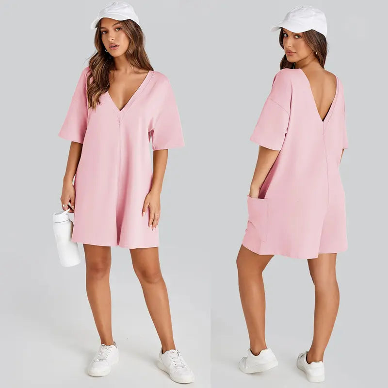 KingApril Women’s Oversized Rompers/Jumpsuits with V-Neck Back, Casual Athletic Workout T‑Shirt One‑Piece Activewear, Summer Vibes, Spandex, Ribbed,sohochic