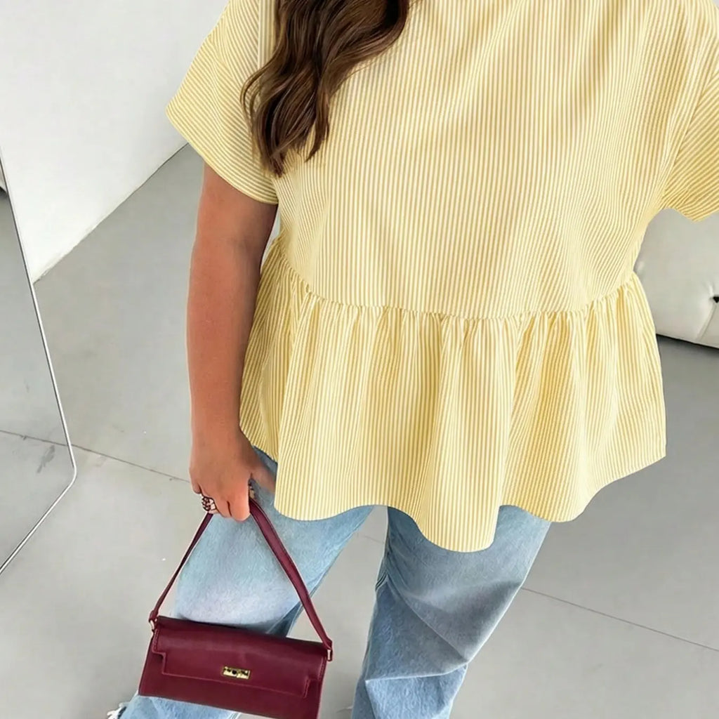 Plus Size Oversize Solid Striped Ruffle Top, Loose Fit Women's Round Neck Short Sleeve Shirt Blouse, Perfect for Daily Wear, Fashionable, Casual, Aesthetic and Versatile, Ruffled Everyday, Bohemian Casual Top, Boho Bohemian Blouse, Summer Vibes Tops