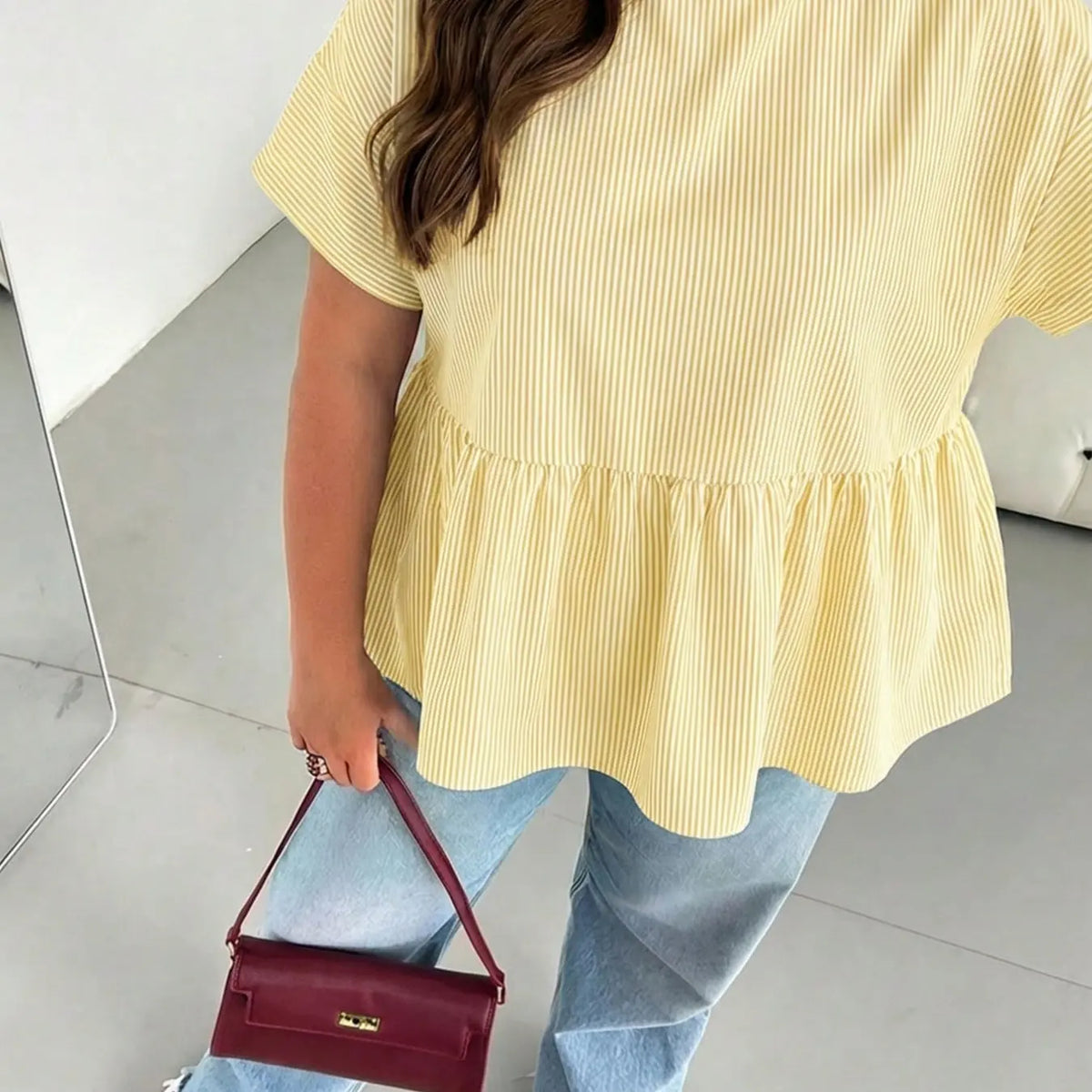 Plus Size Oversize Solid Striped Ruffle Top, Loose Fit Women's Round Neck Short Sleeve Shirt Blouse, Perfect for Daily Wear, Fashionable, Casual, Aesthetic and Versatile, Ruffled Everyday, Bohemian Casual Top, Boho Bohemian Blouse, Summer Vibes Tops