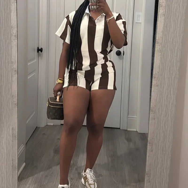 USBOUTIQUE CHIC Women's 2026 Spring Two Piece Set Striped Short Sleeve Top & Drawstring Shorts Casual Outfit for Comfort