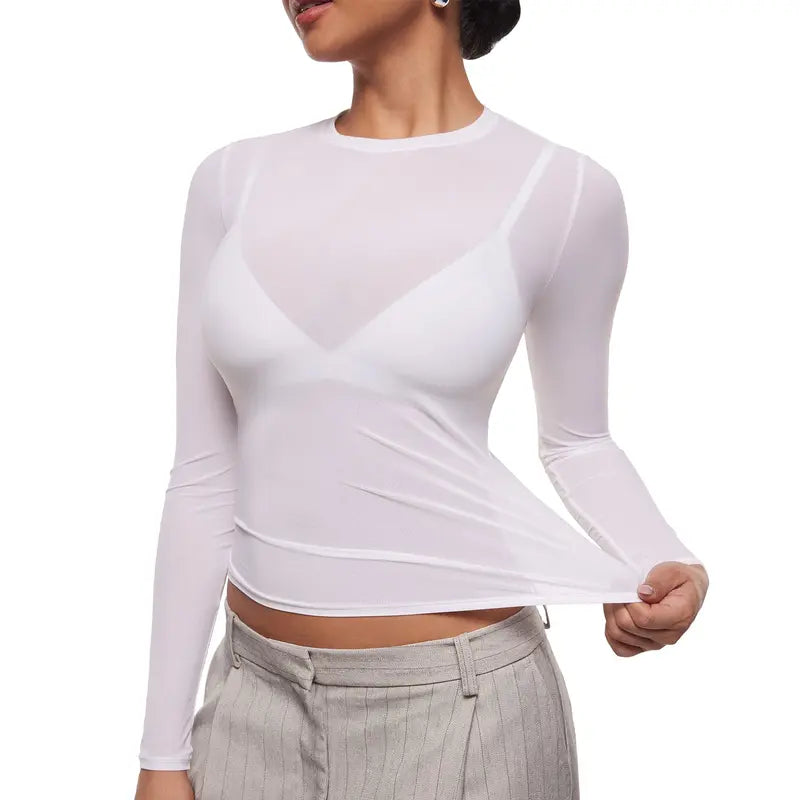 Cosnufy Mesh Sheer Long Sleeve Top Single Layer Crew Neck See Through