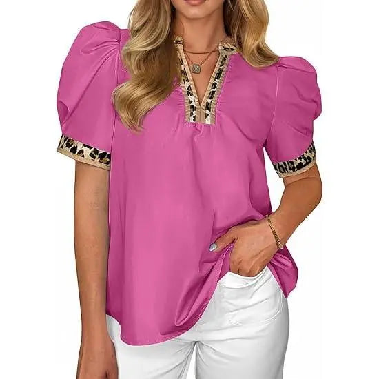 TANKANEO Women's Elegant Chic V-Neck Puff Sleeve Polyester Blouse - Dressy Tops for Coffee, Party, Summer, Loose Fit with Floral or Leopard Prints, Blouses for Women